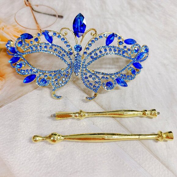 Blue Masquerade Mask, Met Gala Stick Mask, Gold Masquerade Ball Mask, Prom Mask - Picture 3 of 7